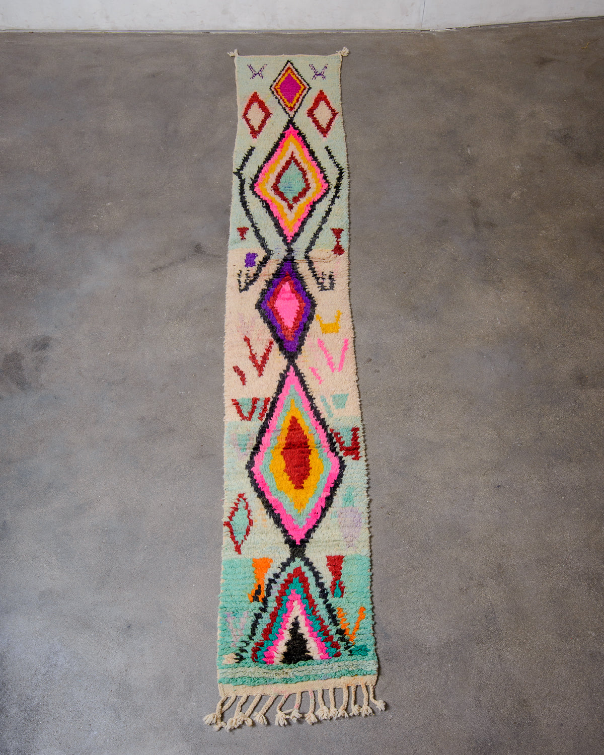 Modern, designer, handcrafted Berber runner rug from Morocco. Vintage carpet with beautiful colours and patterns and fluffy texture.